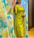 Mehandi Green Silk Gold Detail Salwar Kameez Dupatta (Medium)